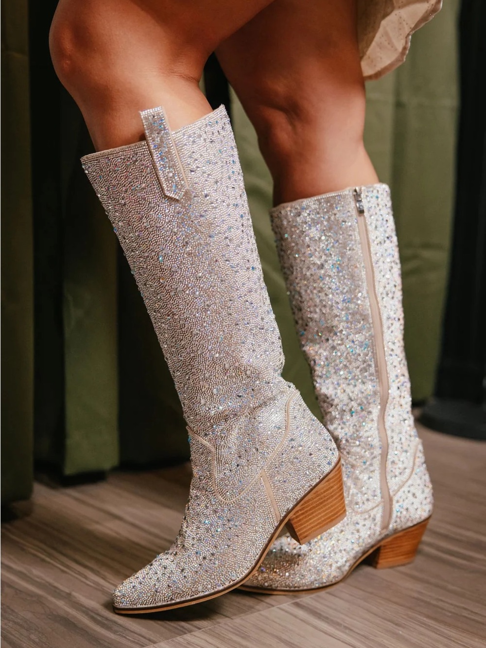 Corkys Crystal Embellished White Knee-High Heeled Boots